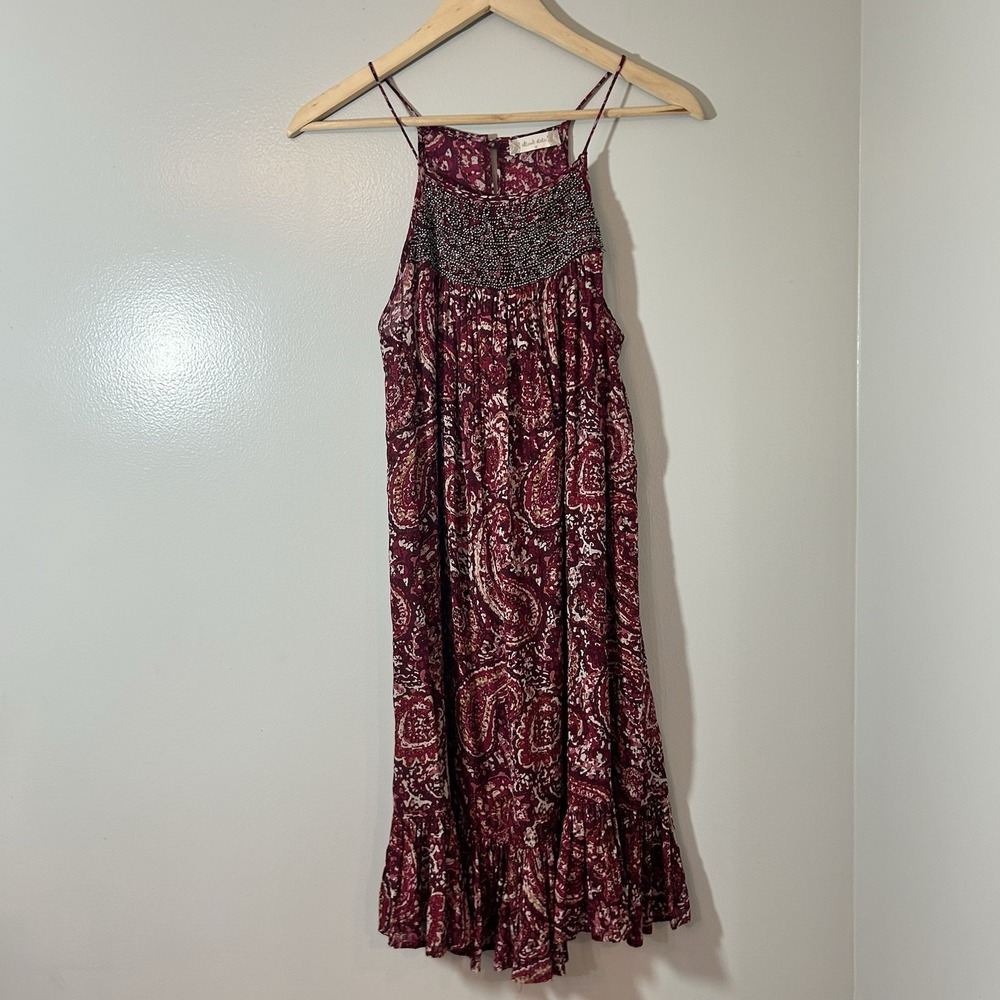 Altard State Dress Women Medium Ruffle Trim Beaded Paisley Boho Summer